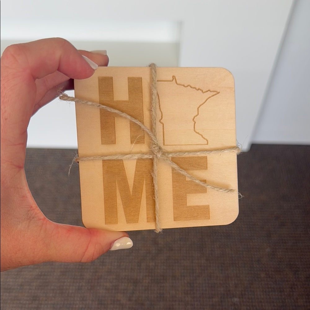 Set of 4 - Wooden Coasters with Home Design